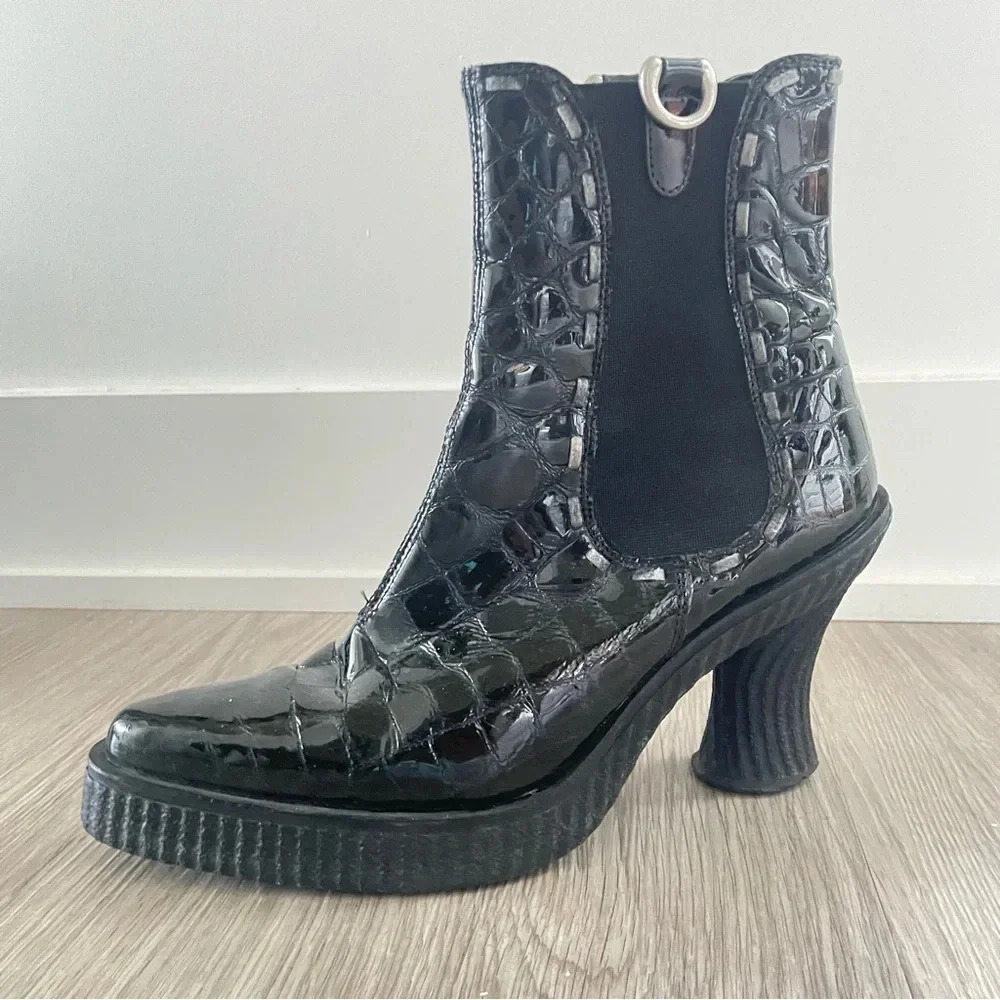 HUSH PUPPIES BLACK CROCODILE IMPRINT POINTY TOE HELLED ANKLE BOOTIES SIZE 38 - Picture 4 of 9